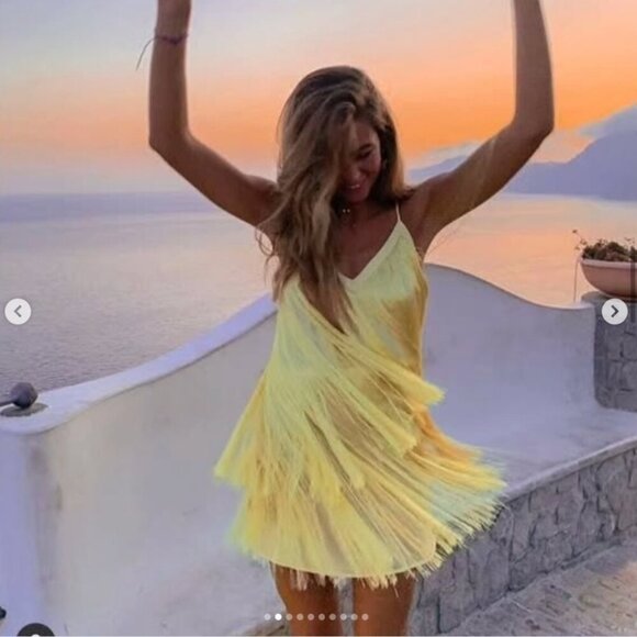 Zara Fringe Mini Dress Light Yellow Blogger Fav Size Small - Picture 3 of 13